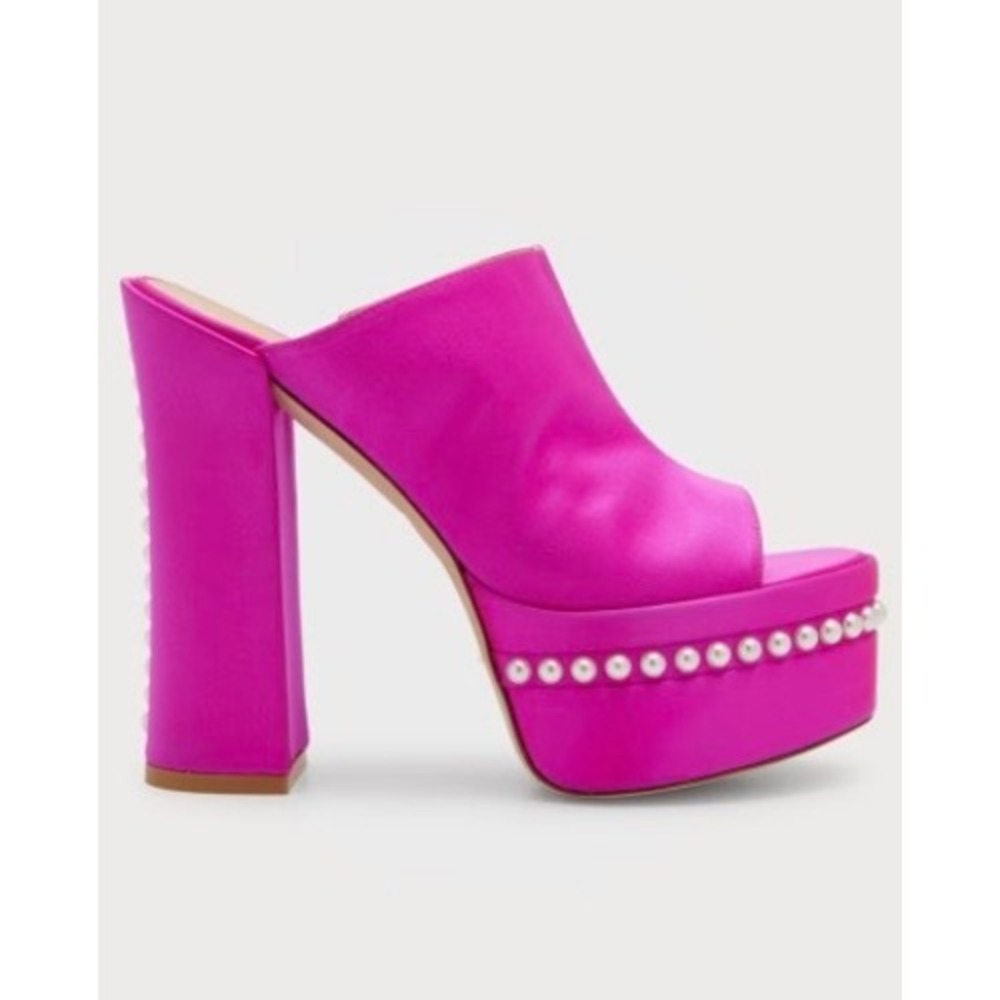 Stuart Weitzman Skyhigh Pearly Stud Platform Mules Pink Satin Heels 7.5B NWT